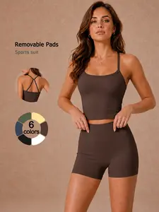 Women's 2 Piece Fitness Set Solid Color Sleeveless Spaghetti Strap Cami Top Shorts Buttery Soft Breathable Removable Padded High Elastic Butt Lifting Tummy Control Open Back Yoga Set Gym Running Cycling Cool Comfortable Pilates Women's Sports Set