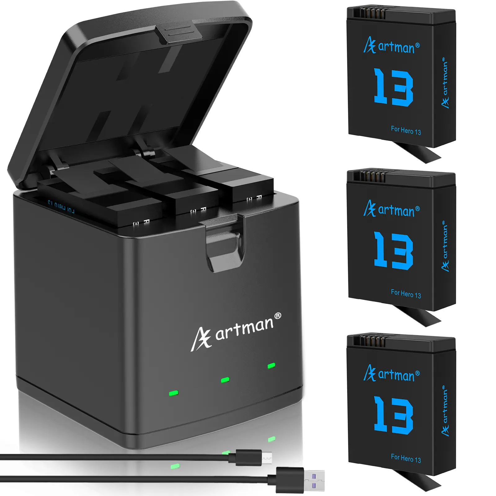 A Artman 3-Piece Set: 2100mAh Camera Batteries, 3-Channel LED USB Battery Charger with Protection & Multi-Protection, Fast Charging Accessories for GoPro Hero 13 Black (Visit the A Artman Store)