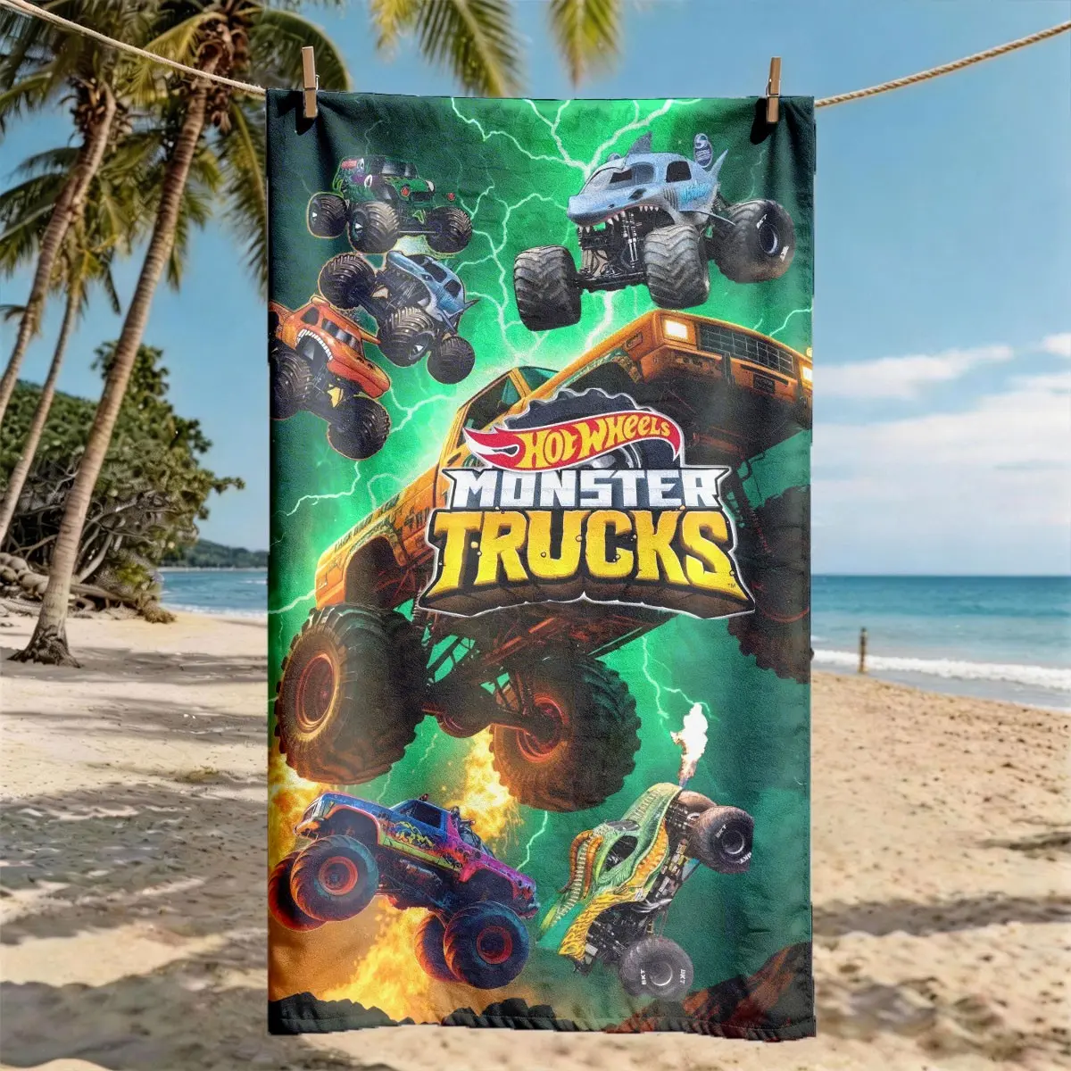 Hot Wheels Lightning Monster Truck Beach Towel, Super Size, Skin-Friendly, Absorbent, Quick-Dry, Perfect for Beach, Pool, Summer Outdoors, Quick Drying Towel, Pool Towels