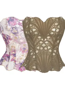 Women's Random Pattern Lace Up Shapewear Tube Top, Elegant Contrast Lace Corset Top, Tummy Control Shapewear for Women