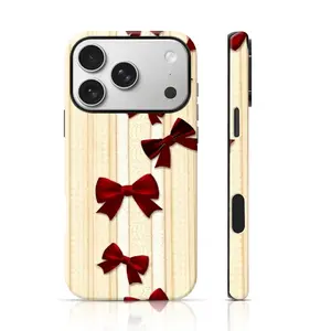 Cream Stripe Burgundy Velvet Bow Retro Aesthetic Design Phone Protector 360 Protection for iPhone 17 Pro Max/16 Pro Max /15Pro Max 15/14/13/12 & Samsung S26 /S25Ultra Trendy Personalized Phone Case