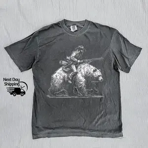 Comfort Colors Retro Lumberjack Cowboy Riding A Bear 90s Shirt, Vintage Hiking T-Shirt, Vintage Washed Shirt, Retro Distressed Shirt, Cool Young Men Gift