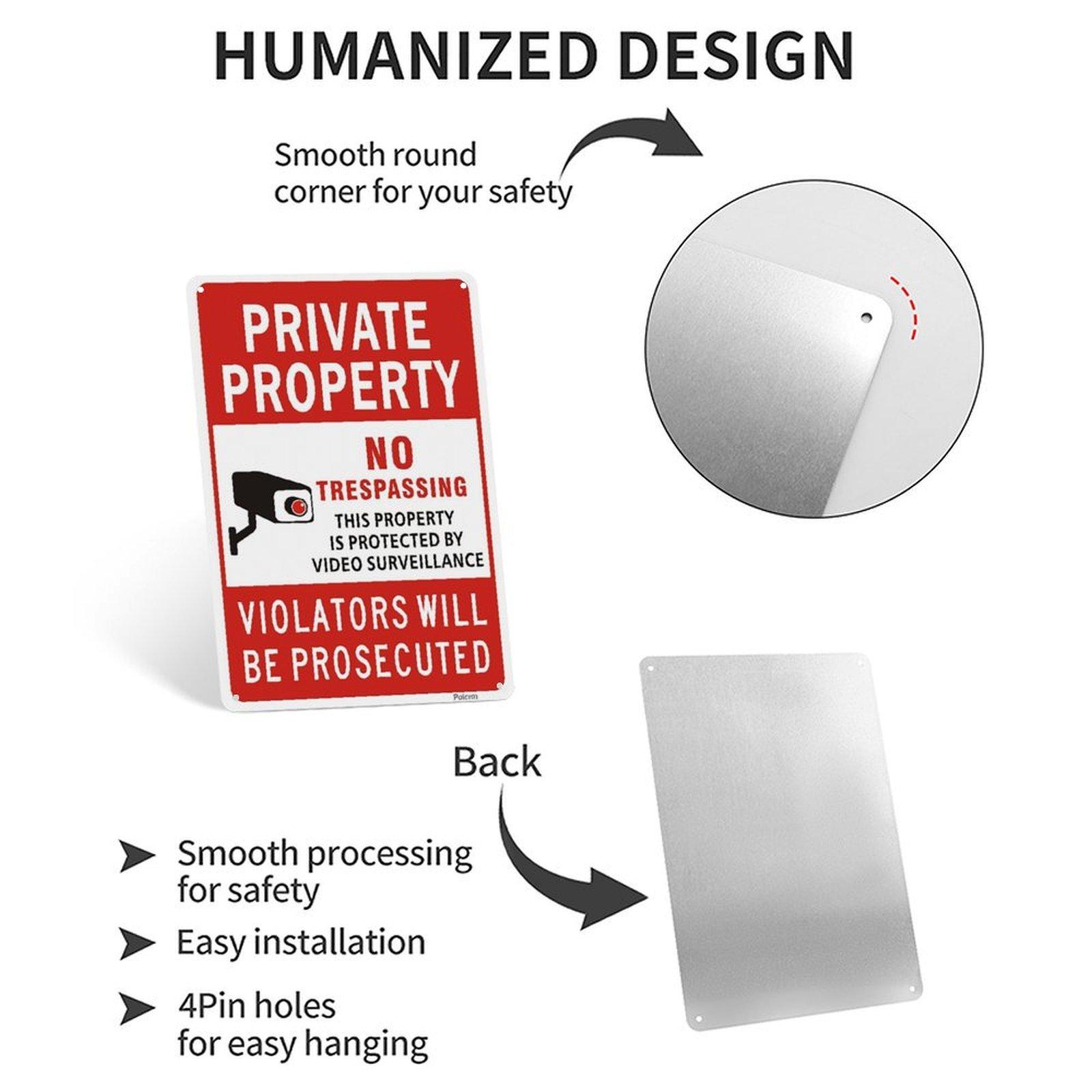 Private Property No Trespassing Aluminum Metal Sign, 8"×12" CCTV Video Surveillance Warning Plaque, Durable Weatherproof Sign for Yard Farm Land Commercial Property