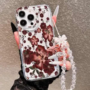 Shockproof Silicone Phone Case, Floral Pattern, Bow Strap, Durable Fashion Accessory, Valentine's Gift, Compatible with iPhone 11-17 Pro Max