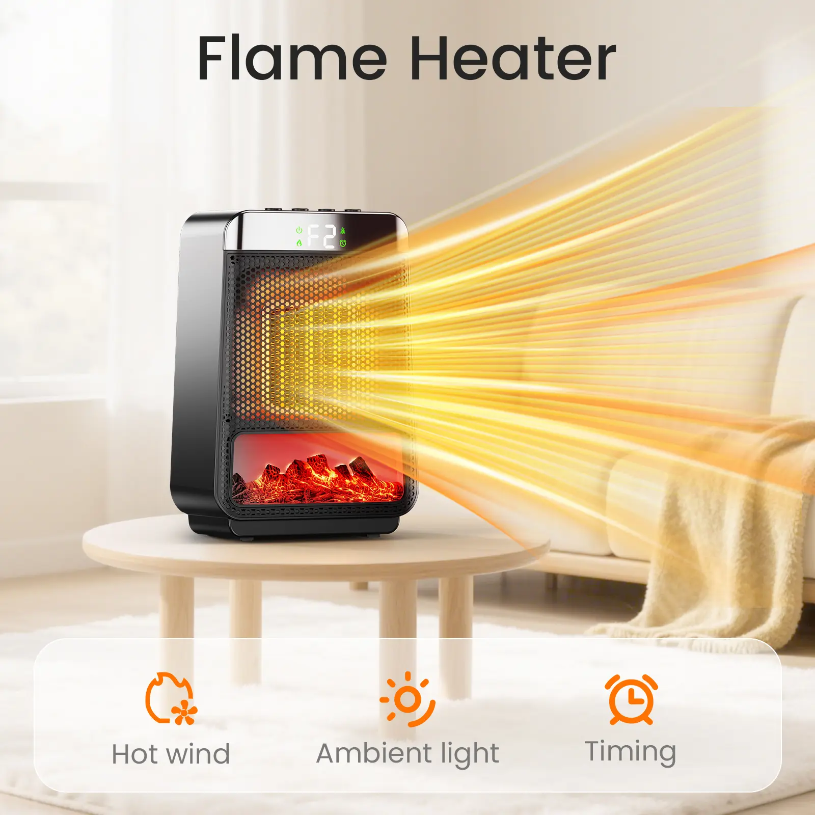 Space Heater 1pc 1500W Plug-In Portable Desktop Electric Heater , 3 Heat Settings, 4 Timer Functions, Mini Solar Powered Energy Efficient Fast Heating For Bedroom Home Use, Compact Size