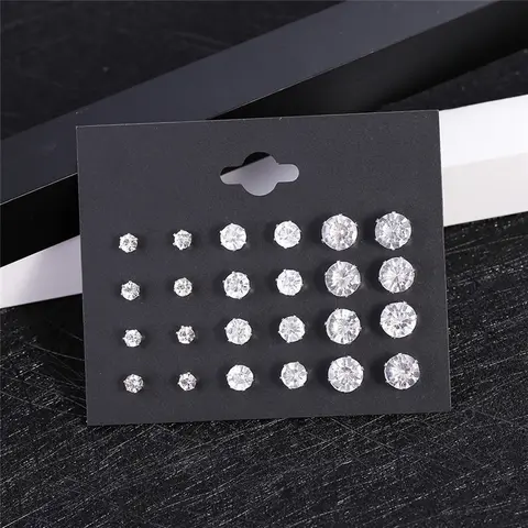 12-Pairs Six Claws Cubic Zirconia Round Stud Earrings Couple Jewelry Sparkling Zirconia Earrings Fashion Women/Men Zirconia Round Stud Earrings Set