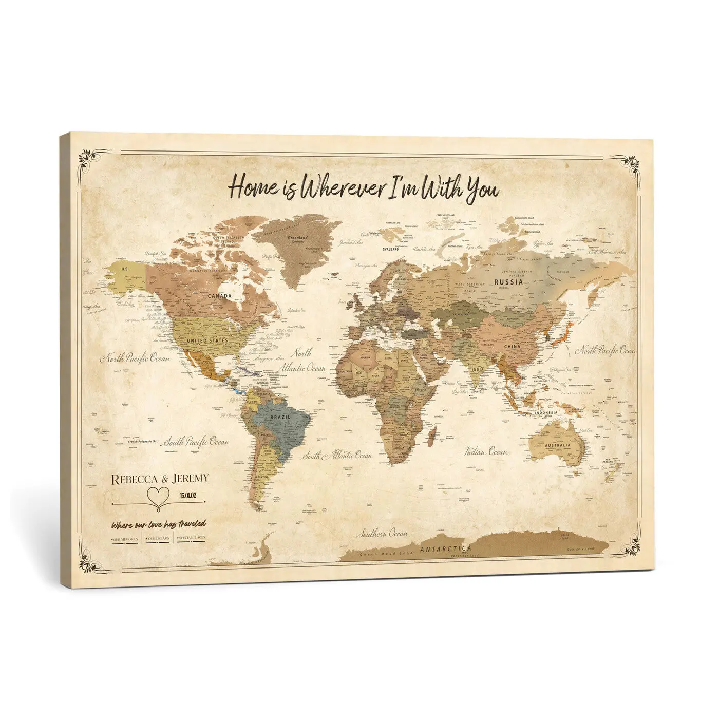 Framed Blue Custom Push Pin World Map Canvas Print – Personalized Travel Map Wall Art