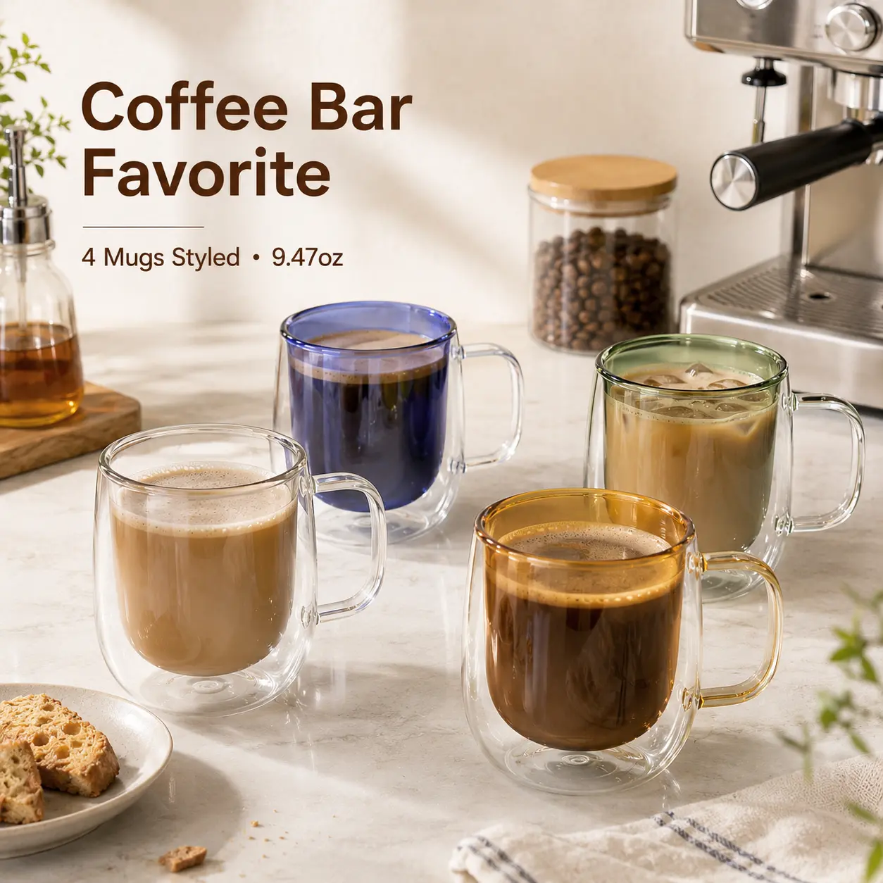 9 ozColorful 5-Piece Double Wall Borosilicate  Coffee Mugs with Handles - Insulated, Heat Resistant, Dishwasher Safe, No Condensation, for Hot/Cold Drinks, Stylish Gift for Coffee Loverstrending,day gift ideas,aesthetic Drinkware glass cup Beverage Mug