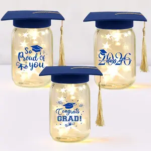 3 Sets 2026 Graduation Centerpieces for Tables, Glowing Mason Jar Centerpieces with Graduation Caps, Glowing Money Jars for College High School Congrats Gr
