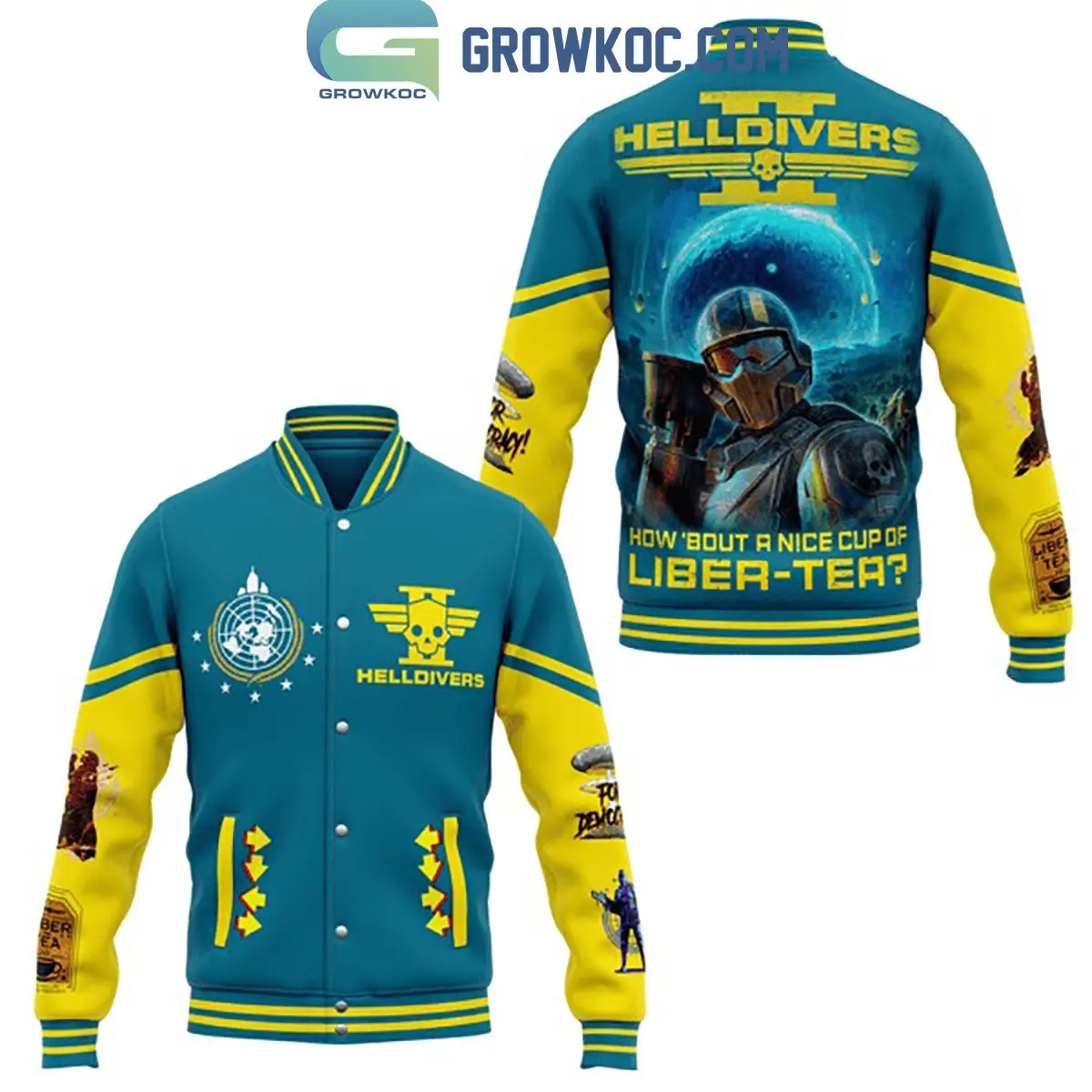 Helldivers 2 Merch Liber Tea Slogan Print Varsity Jacket Super Earth Emblem Sci Fi Gamer Gear Loose Fit Casual Sports Coat For Men Women Autumn Spring Winter Outerwear Everyday Outfit