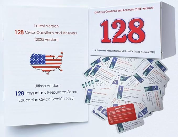 2026-128 Questions US Civic Test Flash Card USCIS Citizenship Flash Card (Questions & Answers) Bilingual Spanish English Naturalization Study Guide CivicsTest Flash Cards Booklet Combo Set college school supplies educational Pass Faster learning tools