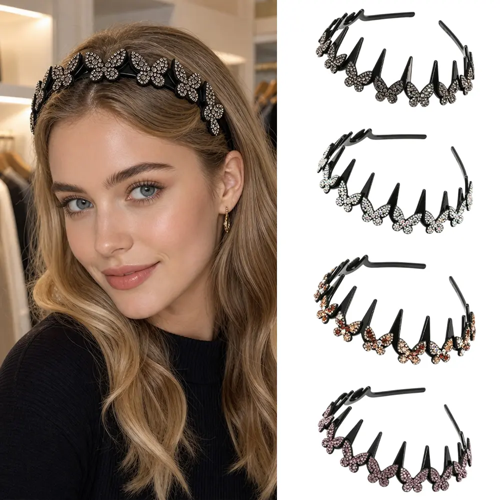 Pack Of 8 Butterfly Shiny Rhinestone Sparkling Headband for Women, Trendy and Vibrant, for Flyaway Hair, Daily Wear, Outings, Outdoor Activities, and Parties