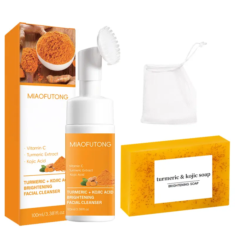 Gentle Turmeric & Lemon Foam Mousse Facial Cleanser for Adults - Alcohol-Free, Nontoxic Cleansing Daily Wash, 2-Piece Set Includes Soap Bundle