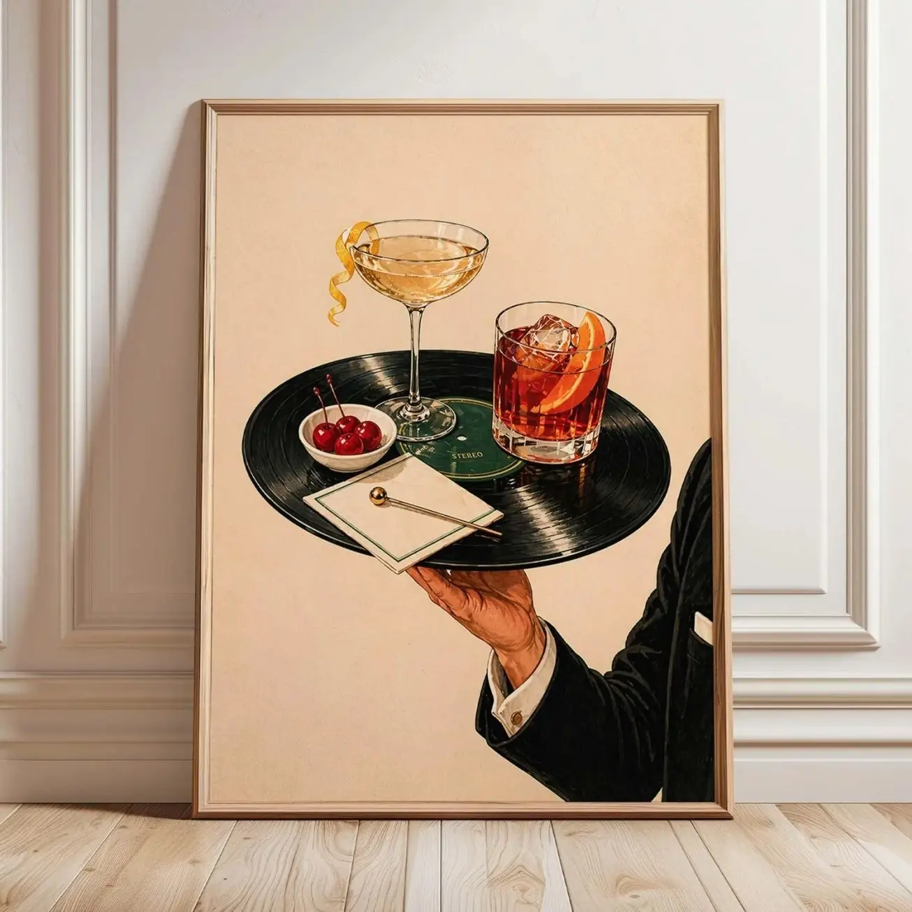 Vintage Cocktail Poster, Retro Martini Bar Wall Art Print, Vinyl Record Lounge Decor, Classic Drink Artwork, Home Bar Lover Gift | Framless Poster D