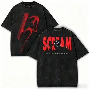 Screaming oversized retro washed T-shirt - Red horror pattern double-sided printed creative funny face shirt |     Retro Slasher movie streetwear collector tiktokshopspringglowup