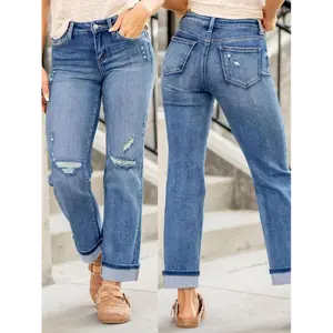 Women'sstretchfrontripped,trendyandfashionablejeanswithrolled-upcuffsforallseasons