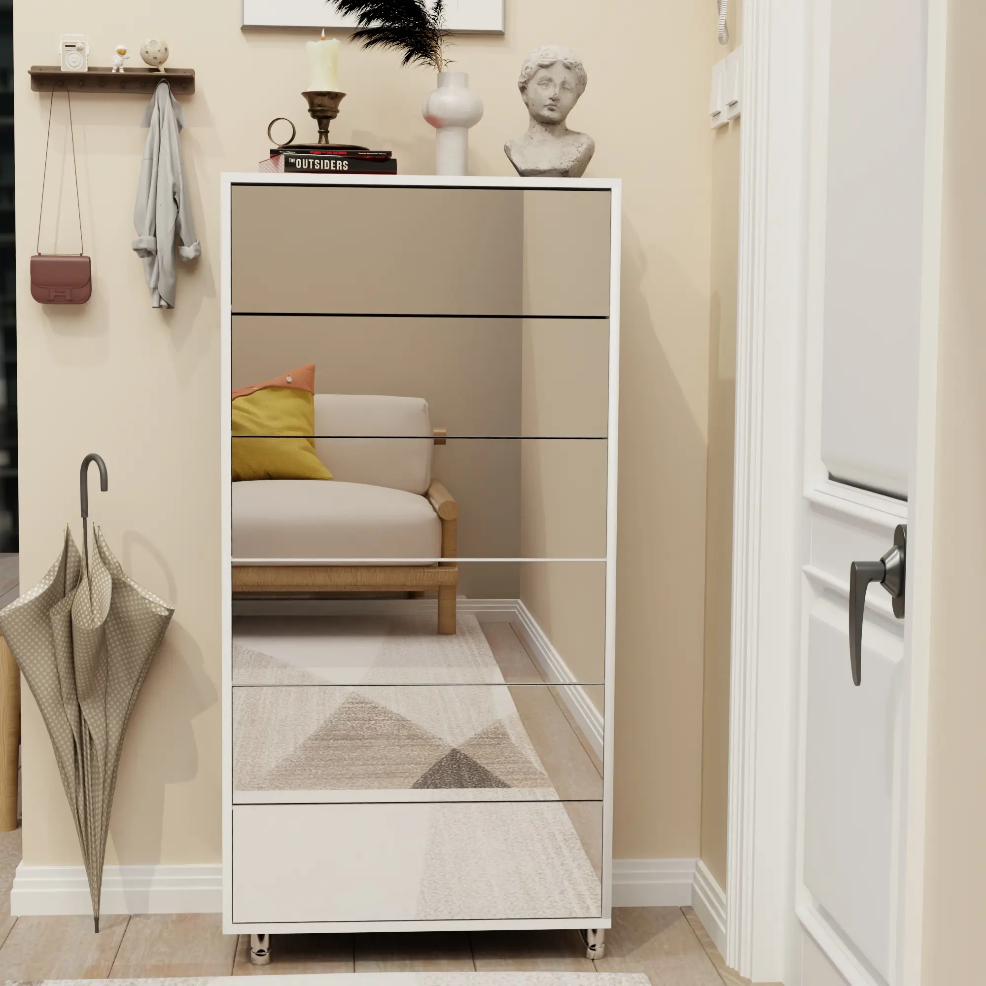 Mirror Shoe Cabinet With 6 Flip Drawers, Mirror Shoe Rack Organizer Store Ample Shoes, Mirror Shoe Storage With 4 Metal Legs, Door Opening Using Hand-Touch Flip-Out Door