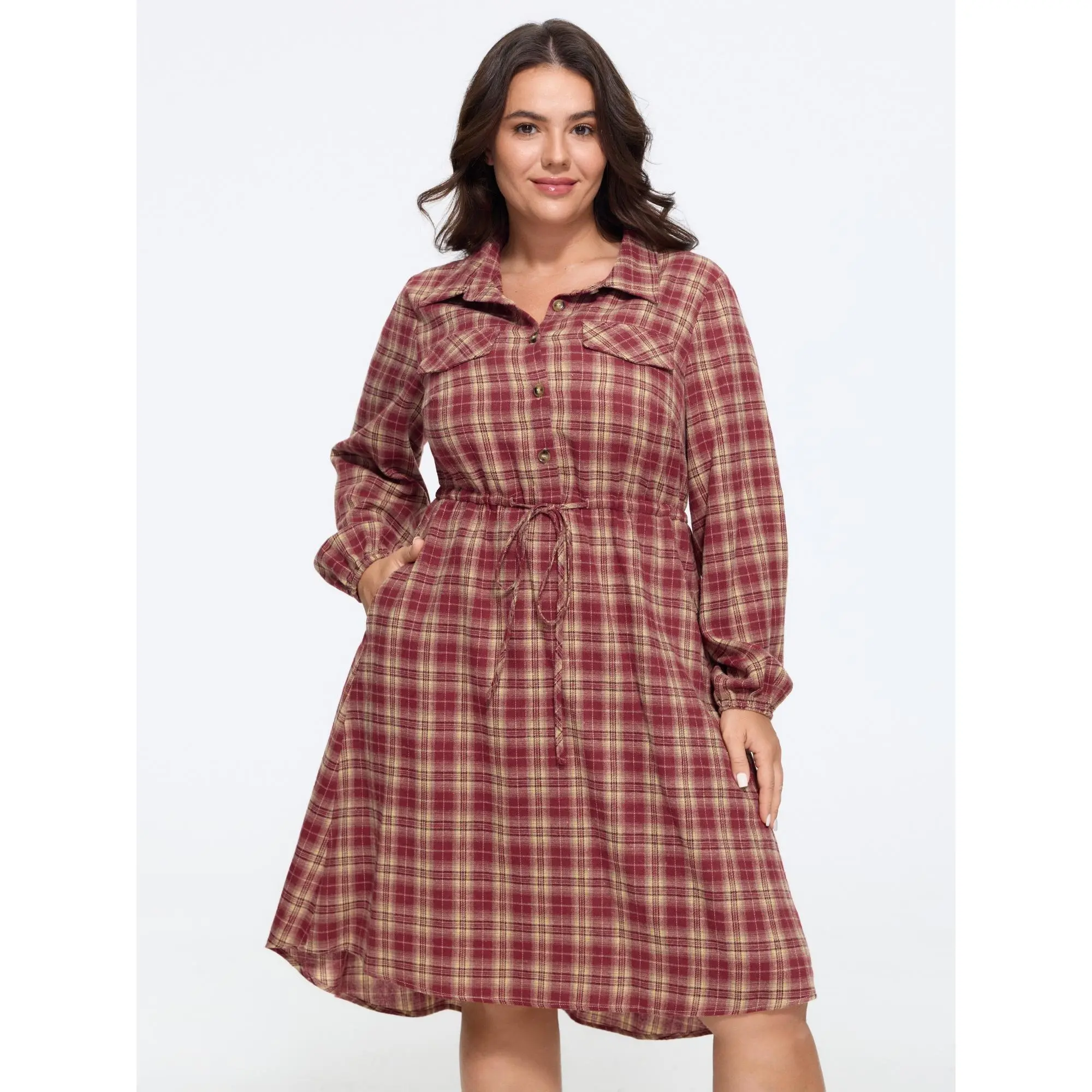 BLOOMCHIC Women's Plus Size Plaid Print Drawstring Waist Long Sleeve Shirt Mini Dress - Smooth Fabric Garment, Casual Summer Wear [M-6X]