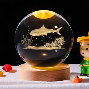 3D Shark Crystal Ball Night Light with Remote Lifelike 3.15 In Shark Sea Animal Glass Ball Lamps with 16 Color LED Wooden Base for Birthday Holiday, Cool Shark Toy Room Decor Gifts for Boys Girls Kids