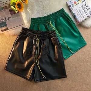Men's letter pu leather pocket zipper drawstring shorts summer men's loose casual fashion pants