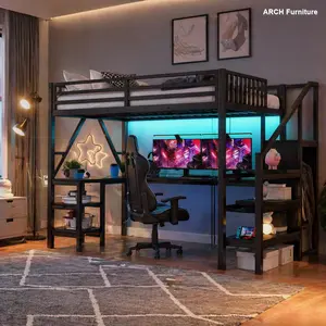Kids-Friendly Full Size Metal Bed Frame - L-Shaped Desk, Wardrobe, LED-Accented, USB Port, Under Bed Storage, Powder-Coated Finish, Cozy Loft Space Indoor Furniture (Old SKU W2593S00008, Expected Arrival Date 2026/2/25)