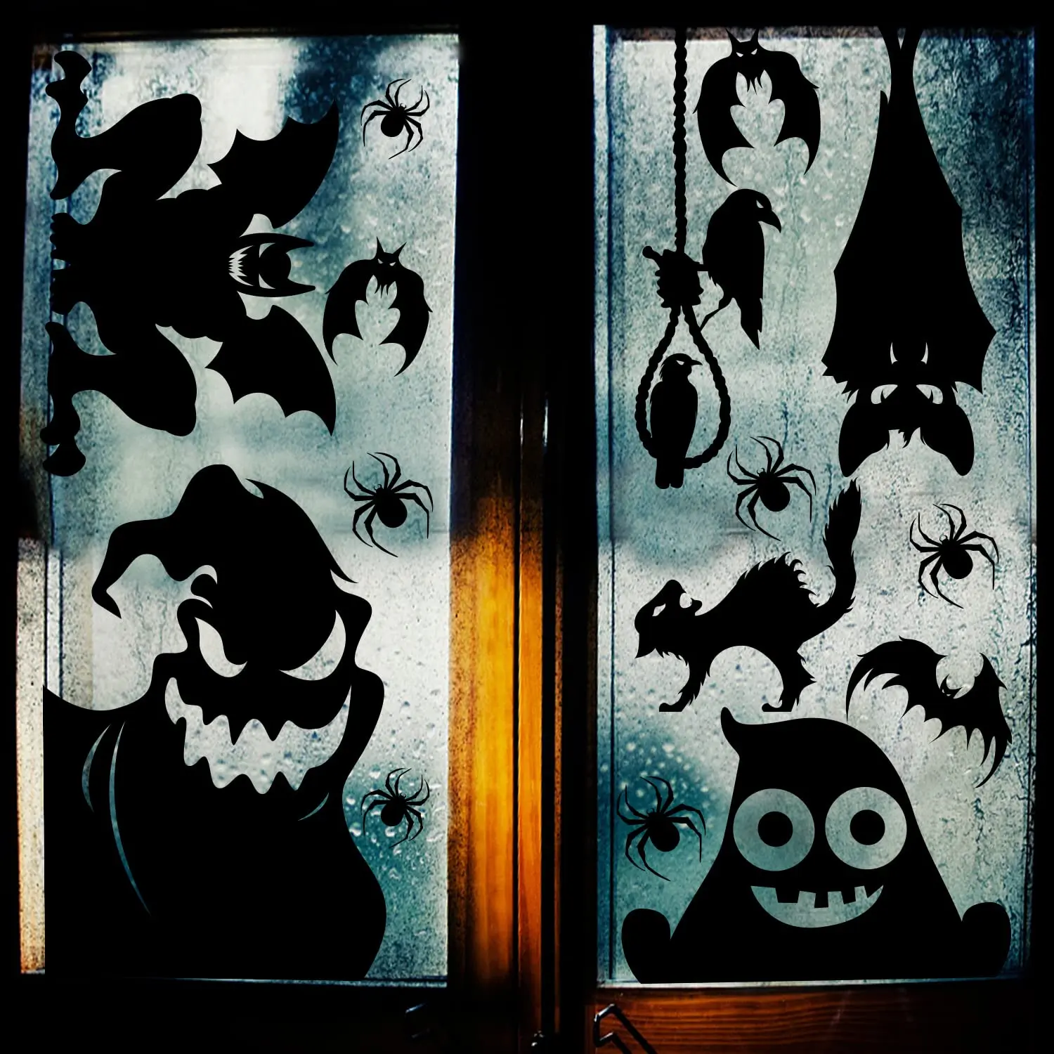 Halloween Window Cling Stickers - 4 Sheets Giant Spooky Monster Silhouette Decals with Ghosts, Bats, Spiders for Glass Window, Door Party Decor