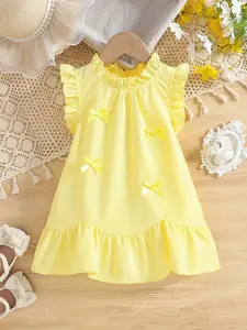 Girls' summer energetic and sweet style dress, fresh and lively girlish style, girls' bright yellow small flying sleeve dress, three-dimensional small bow+ruffle collar+wavy skirt, Valentine's Day gift, suitable for birthday parties