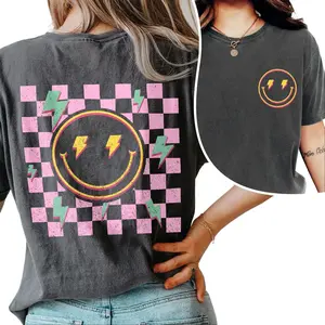 Comfort Colors Checkered Pattern Bolt Smiley Face Shirt, Retro Trendy Smiley T-shirt, Happy  Lightning Smiley Graphic Tee