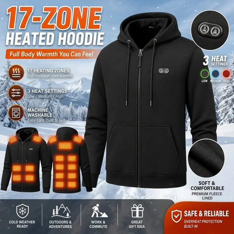 17-Zone USB Electric Heated Hooded Neck Fleece Lined Jacket, Smart Dual Control Long Sleeve Soft Thermal Zipper Outdoor Wear Tops for Cold Weather Camping, Commuting
