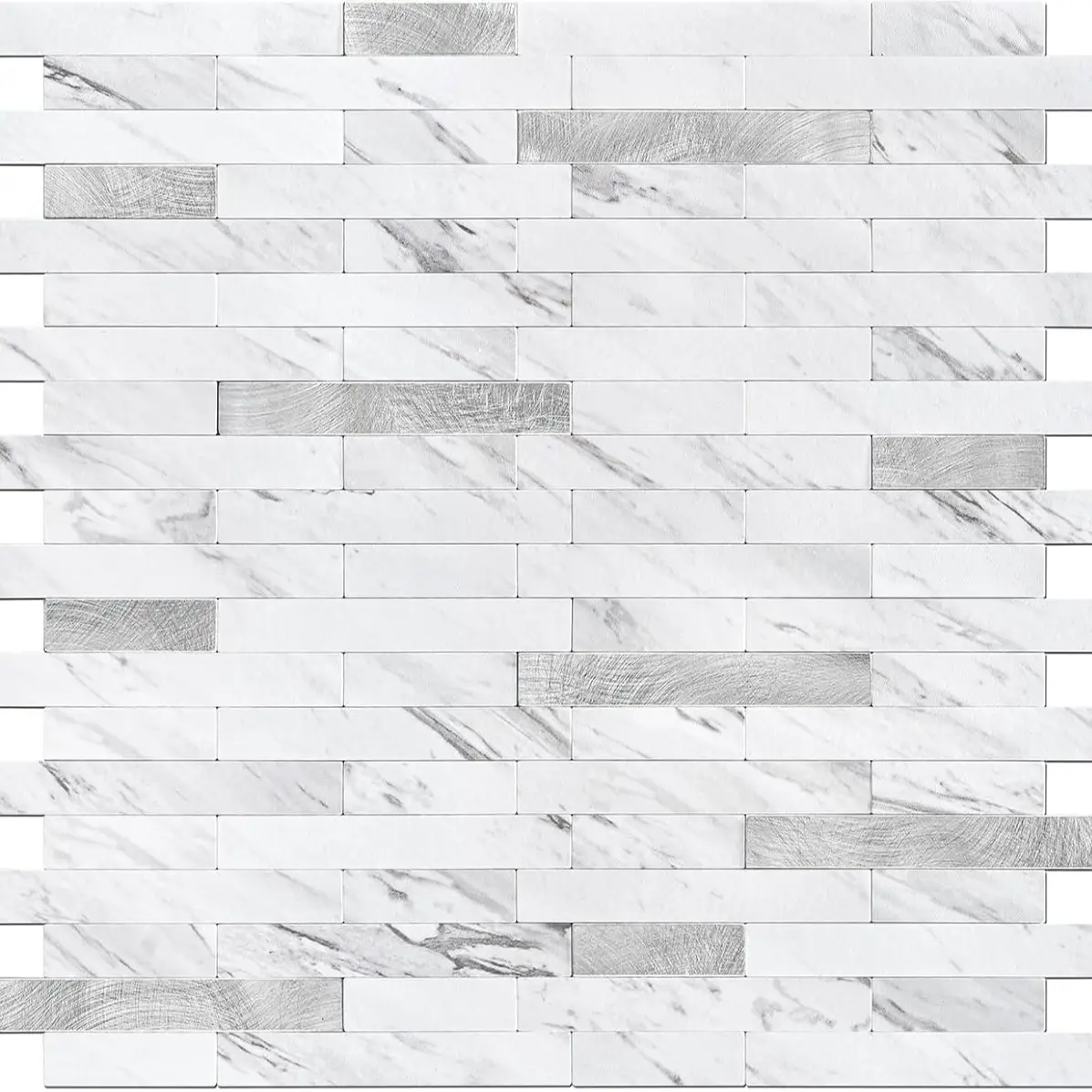 STICKGOO Peel and Stick Backsplash Tile, Stick on Backsplash for Kitchen and Bathroom, Volakas White Look PVC Mixed Metal Silver Self Adhesive Wall Ti