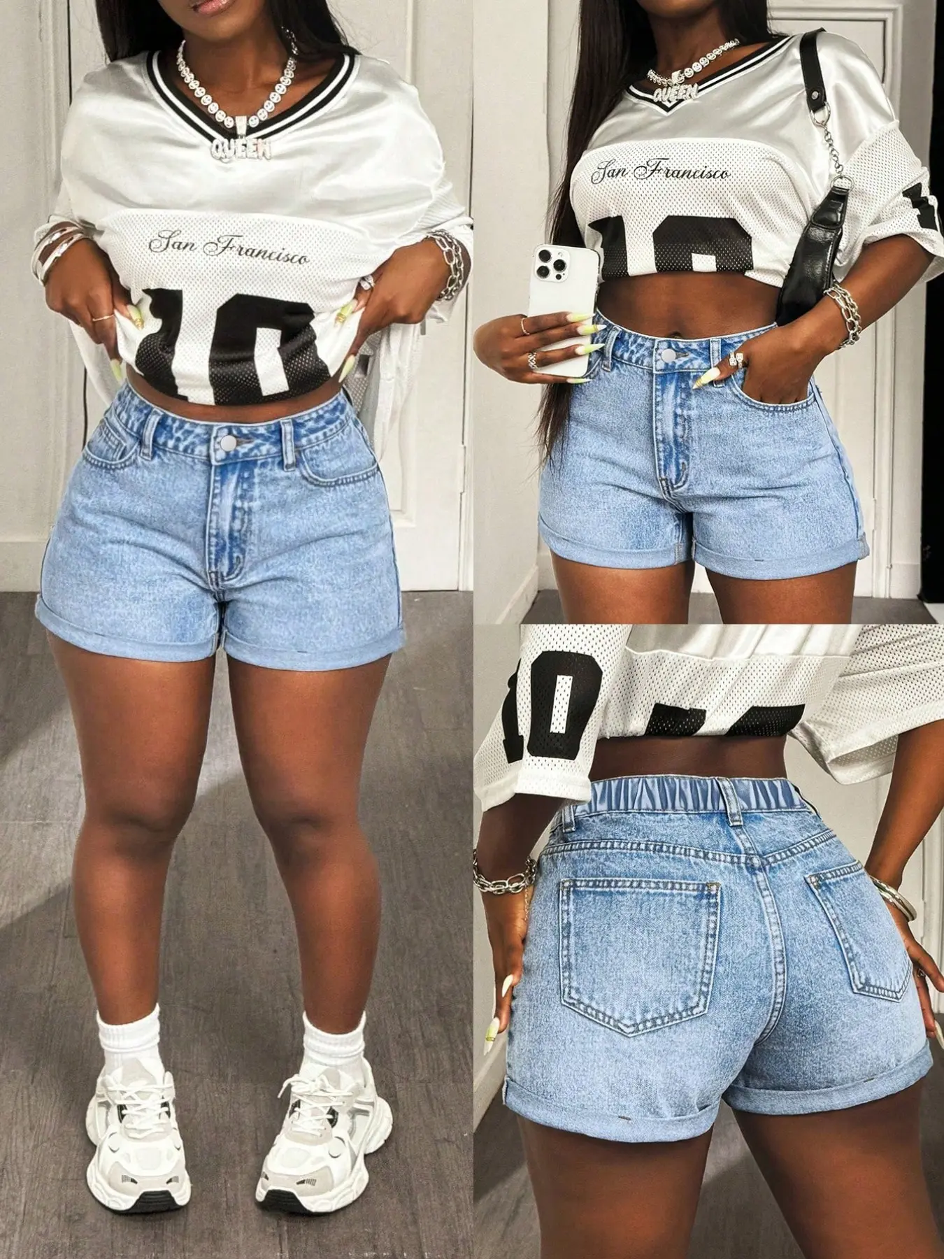New Plus Size Curvy Women's Denim Crop Shorts, Rolled Hem, Elastic Waist, Y2K Style, Comfortable Fit, Ideal for Daily Wear, Casual Outings, Cycling and Parties, Pocket