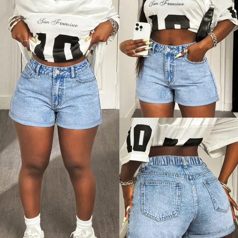New Plus Size Curvy Women's Denim Shorts, Rolled Hem, Elastic Waist, Y2K Style, Comfortable Fit, Ideal for Daily Wear, Casual Outings, Cycling and Parties, Pocket, Bottom