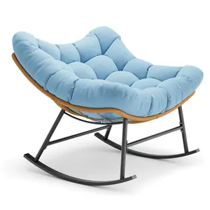 Sikaic Outdoor Rattan Rocking Chair with Thick Cushion Sky Blue Modern Indoor Patio Papasan Rocker, Comfy Wicker Reading Lounge, Indoor Egg Chair for Bedroom, Living Room, Balcony, Porch, Backyard, Garden, Lawn