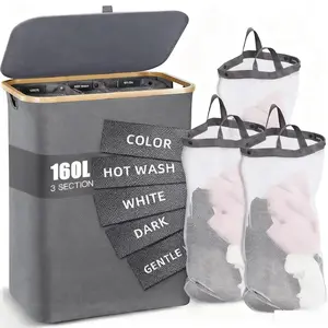 Premium Bamboo 160L Foldable Laundry Hamper 3 Mesh Breathable Bags Dirty Clothes Storage Basket for Dormitory Home Laundry Organization Needs