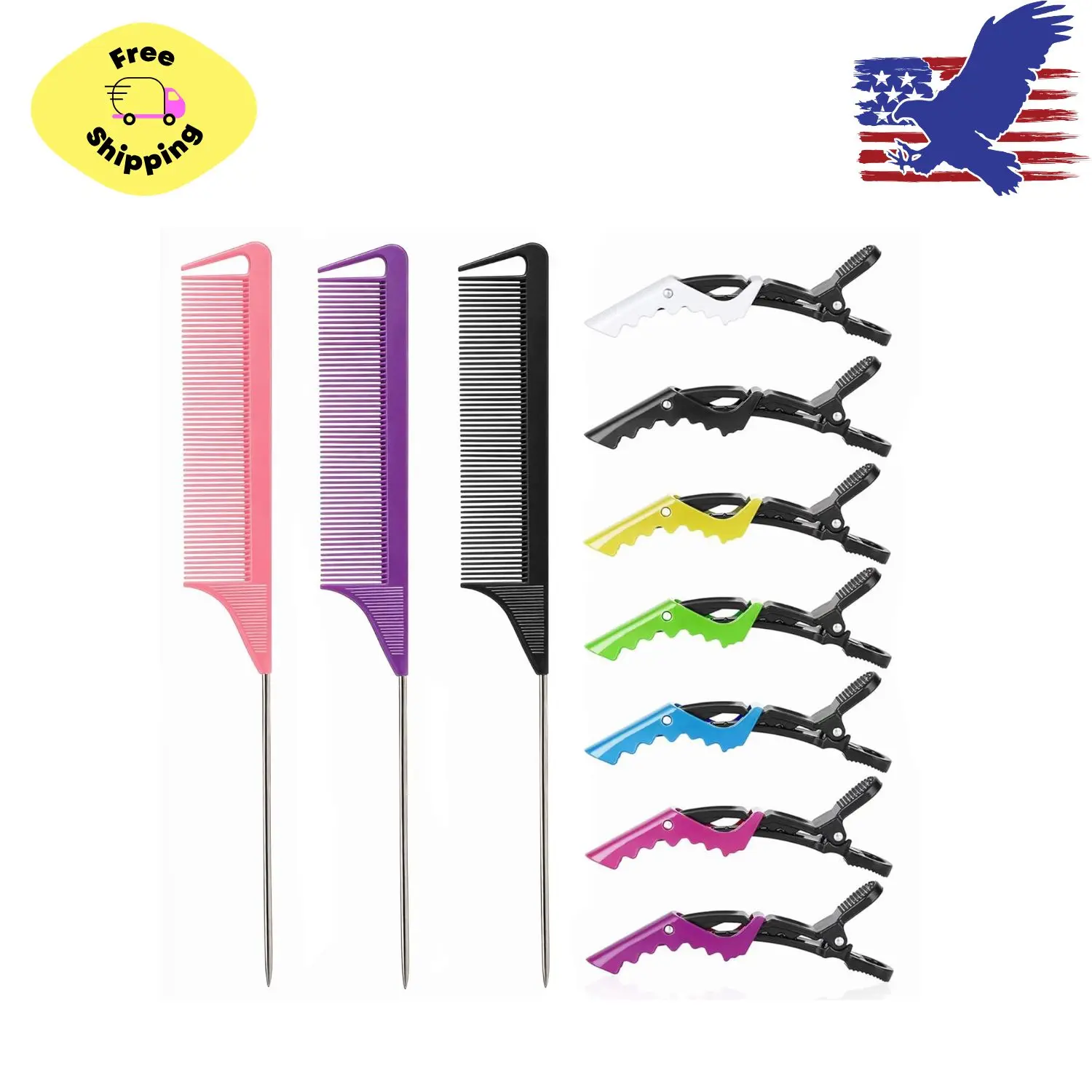 Rat Tail and Parting Combs with Styling Clips: 3 Metal Teasing Combs, 7 Hair Clips