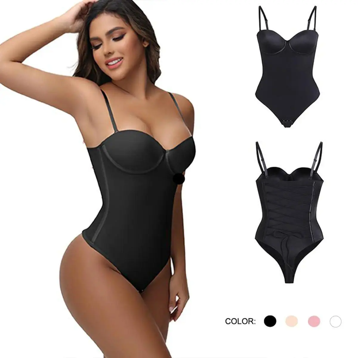 Women's Large Cup Seamless Corset Fabric Shapewear Bodysuit - Strapless, Sleeveless, Back Tie, Pleated, Adjustable, Basic Top with Comfortable Style for Everyday Wear Underwear, Piece, Lightweight, Nylon Fabric, V-Neck, Body Contouring, Bikini, Full Cover