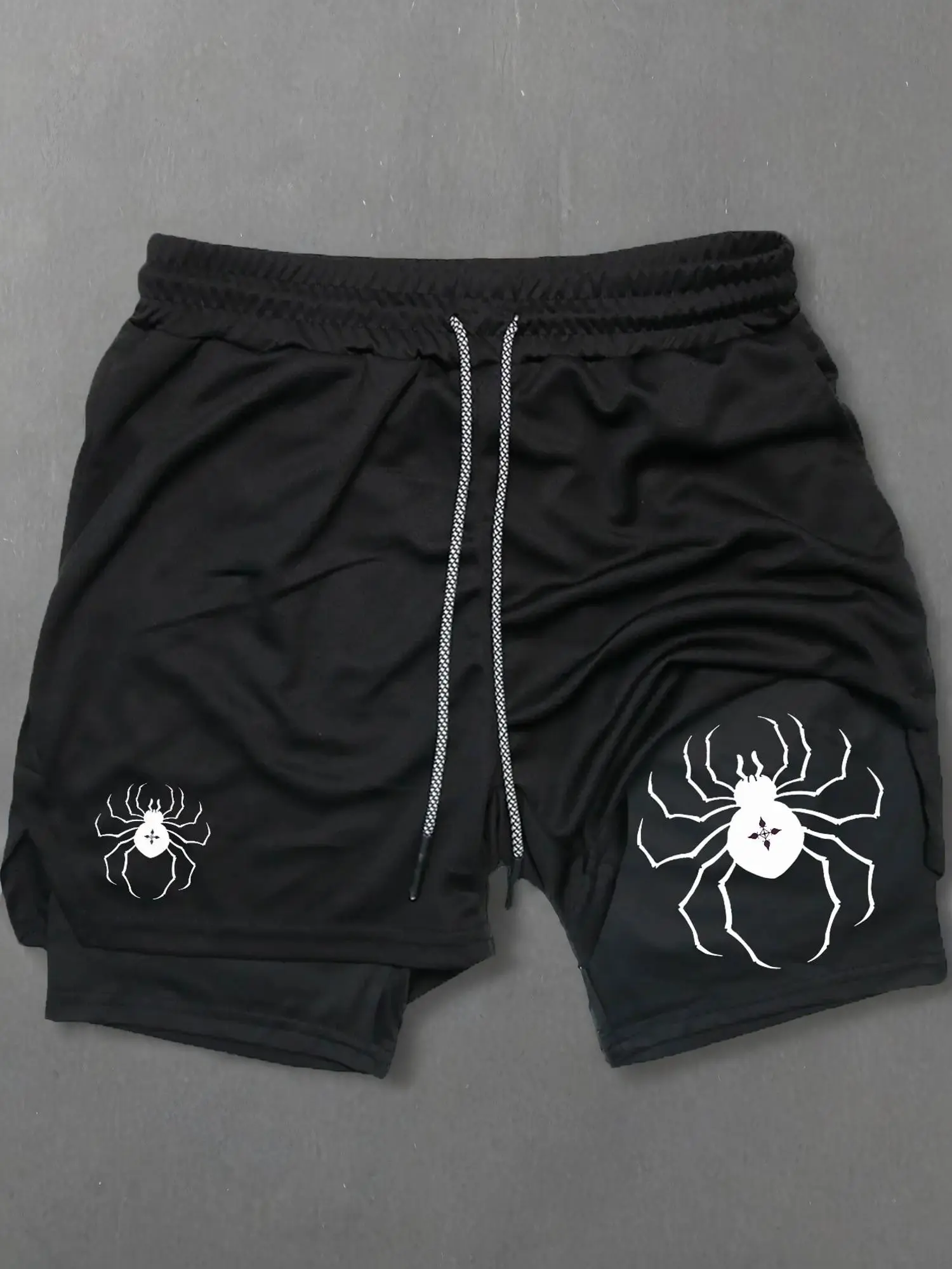 Men's Spider Print 2 in 1 Drawstring Waist Sporty Shorts, Casual Sporty Quick Drying Breathable Bottoms, Men Sports Clothes for Gym Workout Running, Graphic Print Shorts, Stretchy Breathable Shorts, Activewear Shorts