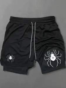 Men's Spider Print 2 in 1 Drawstring Waist Sporty Shorts, Casual Sporty Regular Fit Quick Drying Breathable Bottoms, Men Sports Clothes for Gym Workout Running, Graphic Print Shorts, Athletic Wear Shorts, Athleisure Shorts, Stretchy Breathable Shorts