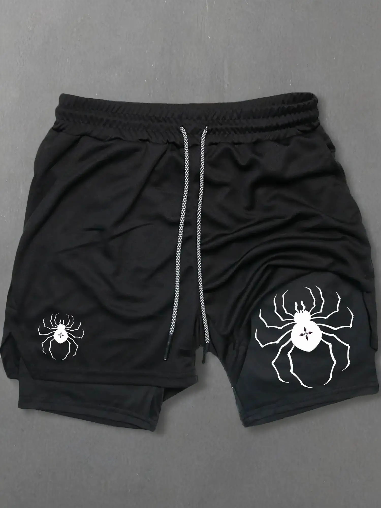 Men's Spider Print 2 in 1 Drawstring Waist Sporty Shorts, Casual Sporty Regular Fit Quick Drying Breathable Bottoms, Men Sports Clothes for Gym Workou