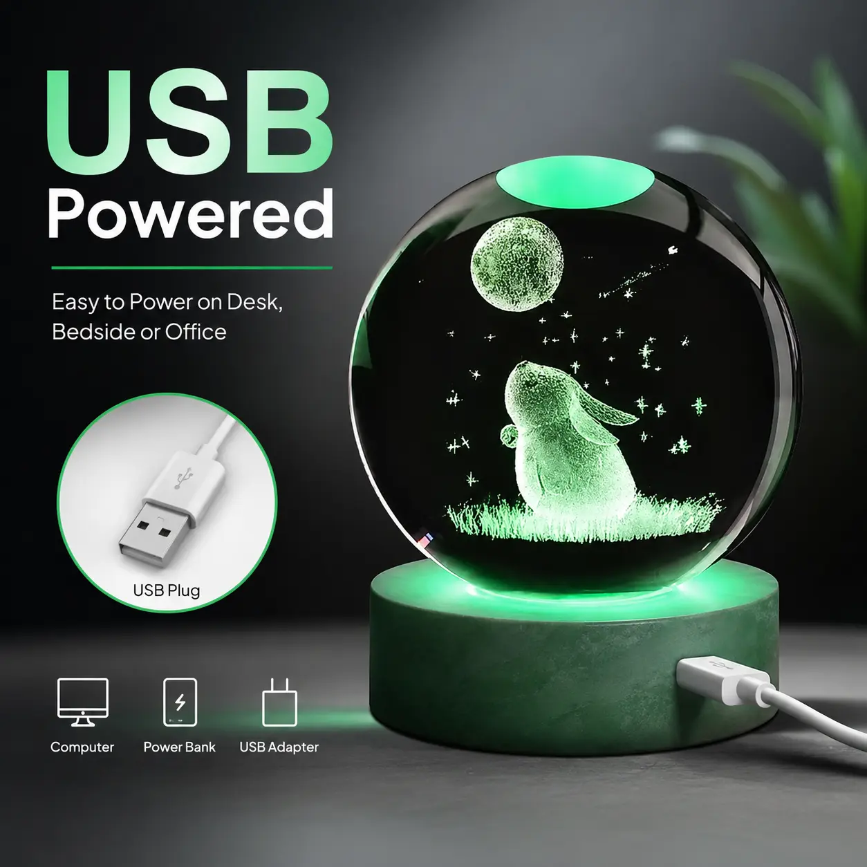 3D Laser-Engraved Rabbit Crystal Ball Night Light with USB-Powered LED Base—perfect for decorating a bedroom or desk, and an ideal birthday or Easter gift for children and enthusiasts