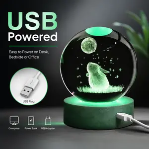 3D Laser-Engraved Rabbit Crystal Ball Night Light with USB-Powered LED Base—perfect for decorating a bedroom or desk, and an ideal birthday or Easter gift for children and enthusiasts
