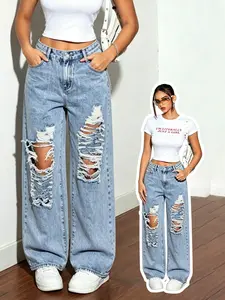 Women's Ripped Mid-Waist Denim Jeans, Light Blue Washed Wide-Leg Pants, Slim Straight Leg Long Jeans for Spring Summer Fall Casual Wear