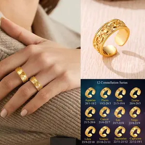 FindChic Golden Horoscope 12 Zodiac Sign Band Rings Constellation Astrology Adjustable Ring For Women Men Girlfriend Boyfriend