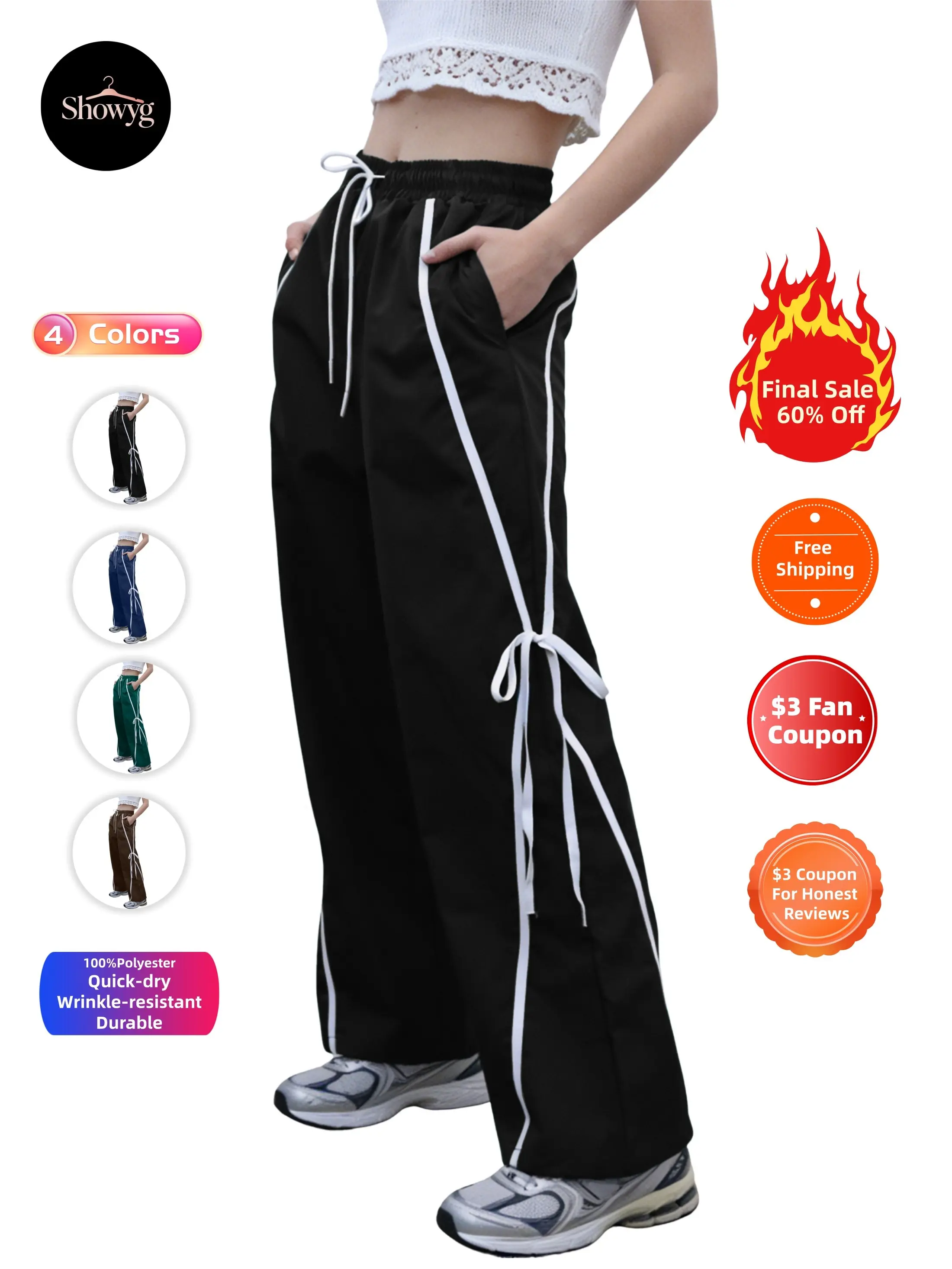Showyg Women's Vintage High Waist Wide Leg Track Pants, Loose Side Stripes Bow Tie Detail Casual Streetwear Trousers, Relaxed Fit Daily Fashion Bottoms