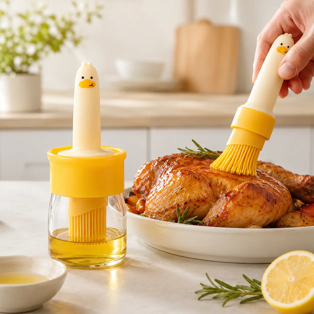 Cute Duck Oil Dispenser Bottle with Silicone Basting Brush, Glass Oil Container for BBQ, Baking, Grilling & Roasting, Easy Refill Kitchen Cooking Brush