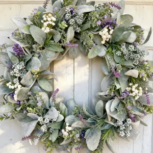 Lavender and Lamb's Quarters Wreath, 16-Inch Spring Summer Greenery Wreath, Flowers, Farmhouse Style Front Door Wreath, Rural Wall Decor