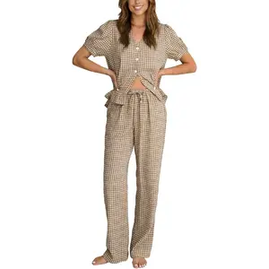 Womens Plaid 2 Piece Pajamas Sets Cotton Gingham Short Sleeve Button Down Ruffled Shirt and Pants Pjs Lounge Sets