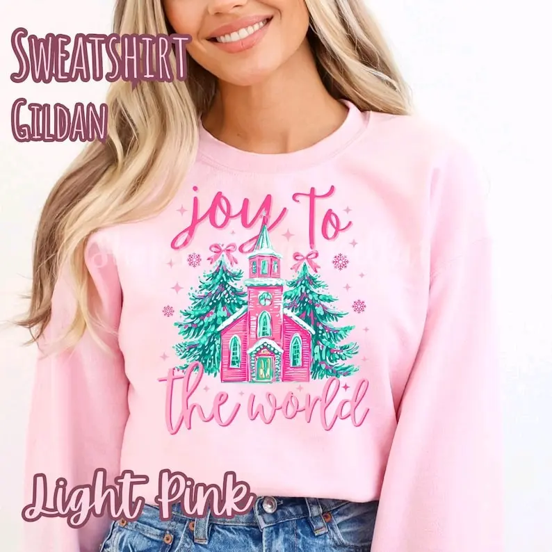 Gildan Joy to the World Christian Chapel Christmas Coquette Bow Sweatshirt for Women - Trendy Hoodie Pullover Womenswear Tops Comfortable - Everyday christmas sweatshirt crewneck