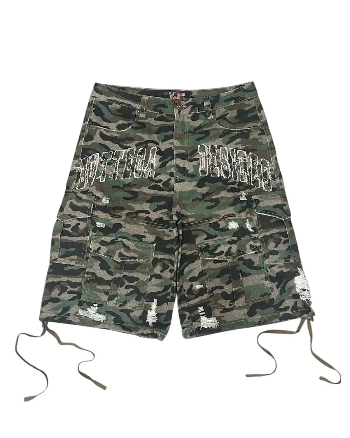 Bottega Desires Distressed Camo Cargo Shorts Green