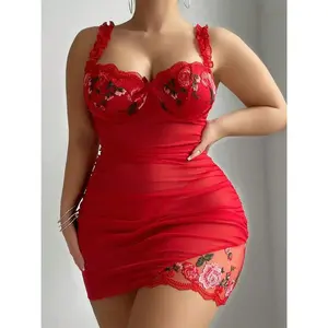 Women's transparent mesh patch rose embroidered sexy pajamas, fashionable home pajamas, with free T-shirt includedRAIMENTRY